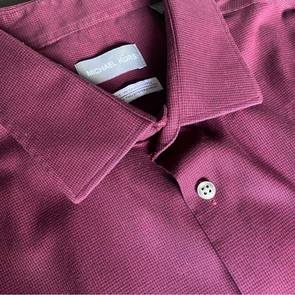 Michael Kors Airsoft Stretch Slim Fit Cotton Burgundy Mens Button Up Dress Shirt